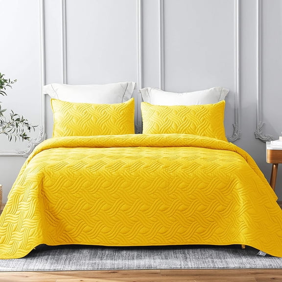 3 Pieces Quilt Set King Size, Soft Microfiber Lightweight Bedspread Coverlet Bed Cover (Wave Pattern) for All Seasons,Yellow