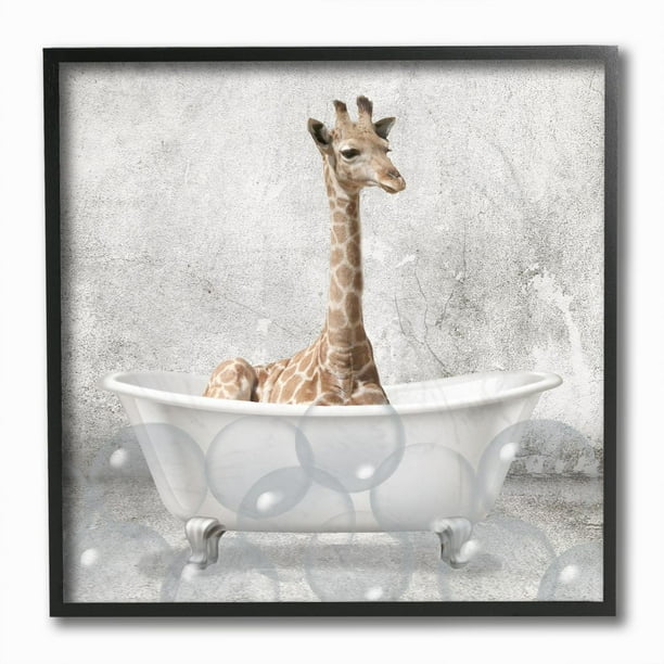 Stupell Industries Baby Giraffe Bath Time Cute Animal Design Framed Wall Art by Kim Allen