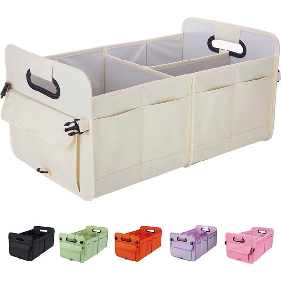 Trunk Organizer For Suv & Sedan,Car Organizers and Storage, Waterproof Collapsible & Adjustable Straps,Sturdy Car Organization for Car Accessories, Tools,Food，Sundries,2-3 Compartment（Beige）