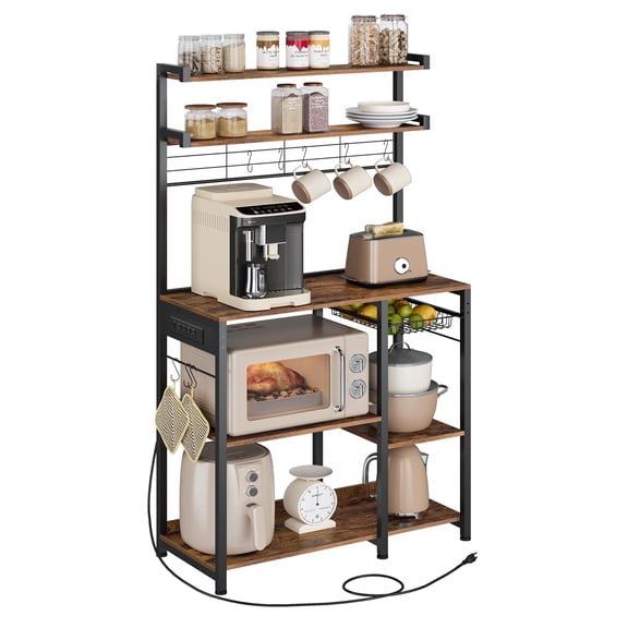 VASAGLE Bakers Rack with Power Outlet, 35.4 Inches Microwave Stand, Coffee Bar, 4 AC Outlets, with Adjustable Shelves, 8 S-Hooks, Basket, Spice Racks, Rustic Brown and Ink Black