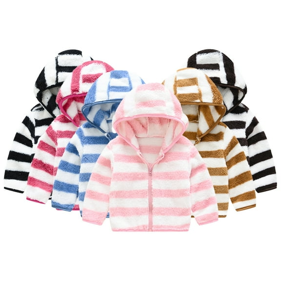 Godderr Toddler Baby Boys Girls Winter Fleece Jacket 9M-5Y Kids Warm Ears Hooded Stripe Outwear Coat Newborn Fleece Coats