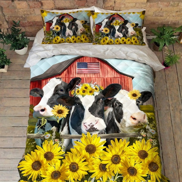 Flagwix 3 Pieces King Size Quilt Sets, Cattle Cow Quilt Bedding Set Dairy Cow, Sunflower Field