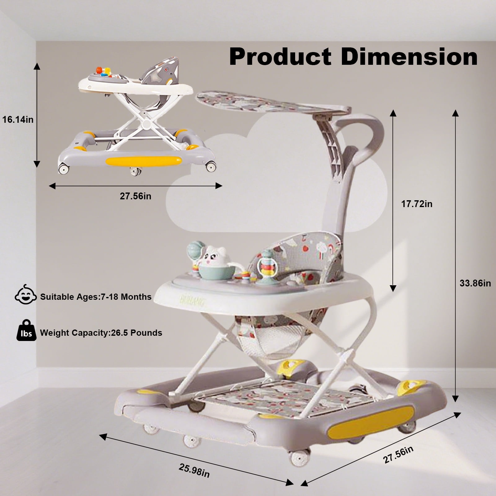 ManyFun 6-in-1 Height Adjustable Baby Walker with Wheels, Foldable Walker for Baby and Baby Activity Center with Music &Toys Tray, Infant Toddler Baby Walker for Boys and Girls 6-24 Months（grey）