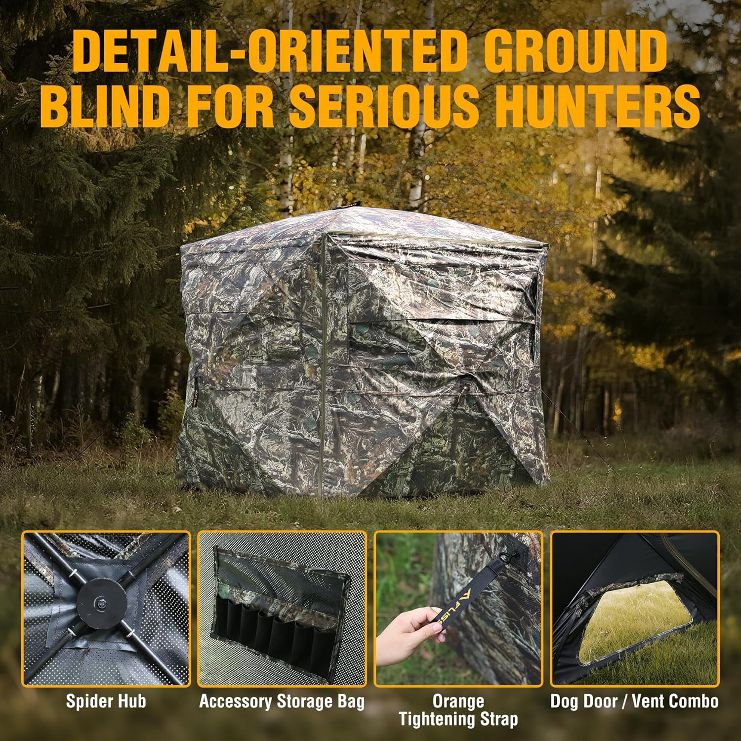 FLISSA Hunting Blind See-Through with Full-Opening Door, Ground Camouflage Tent, 270 Degree, Portable and Durable 300D Reinforced Blind for Turkey, Deer, and Bear Hunting