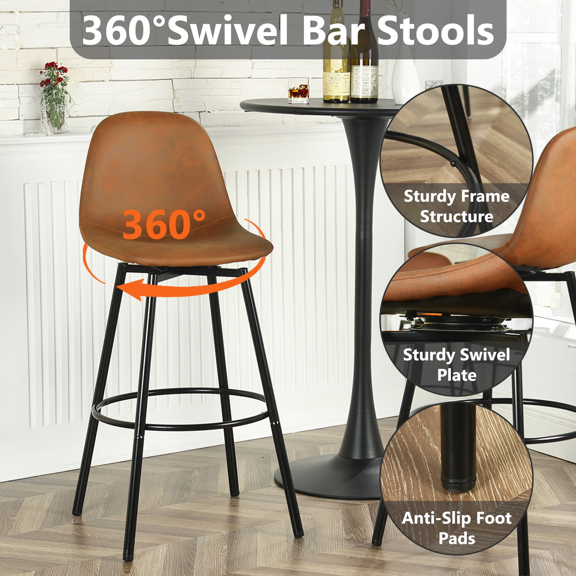 Homy Casa Set of 2 Bar Stools, Faux Leather Upholstered Seat with Black Metal Frame, Brown