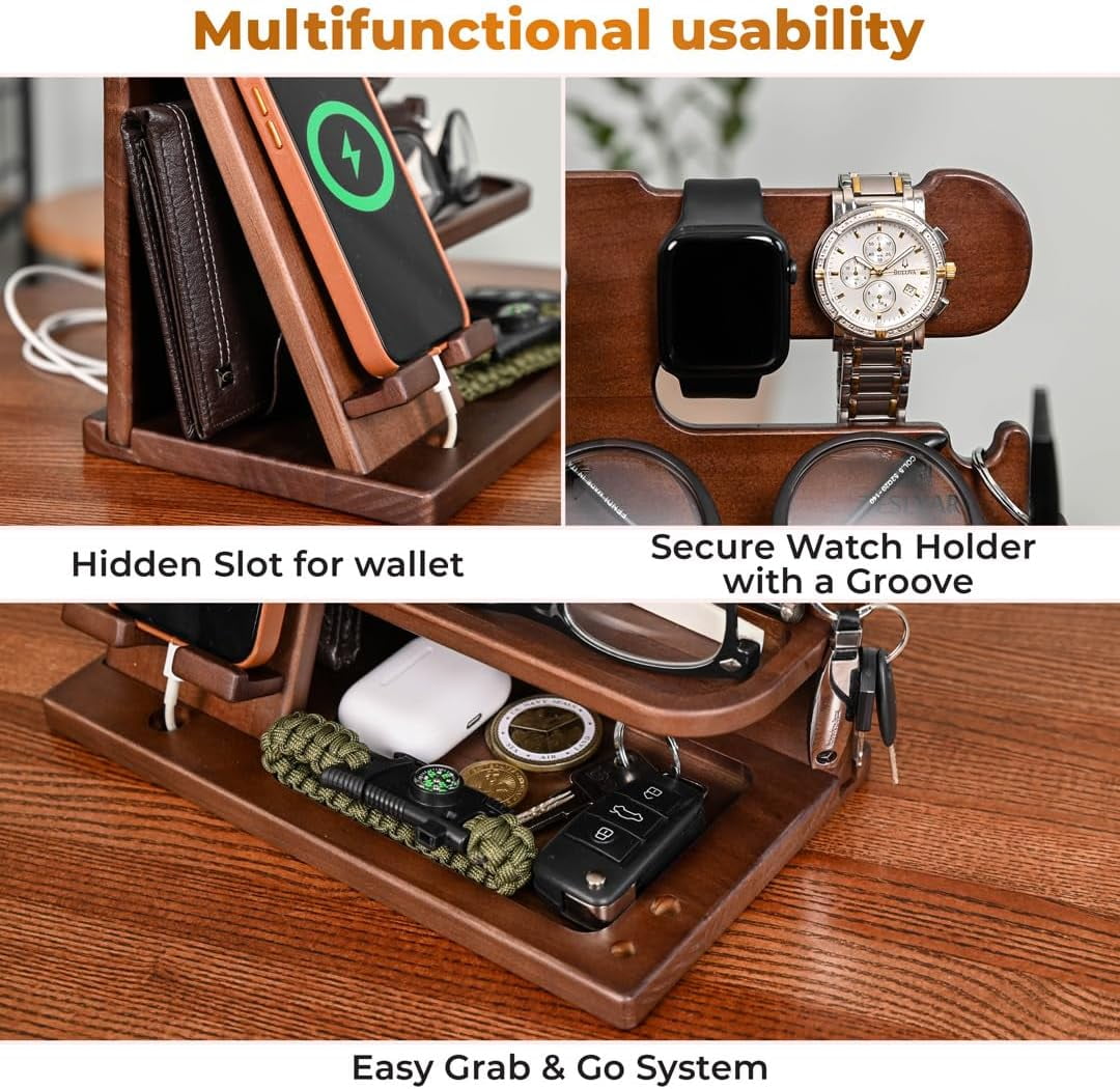 Jowenia Wood Phone Docking Station, Nightstand Key Holder Stand Watch Organizer for Men Gift, Hand Crafted for Dad Mens Organizer Station (Brown)