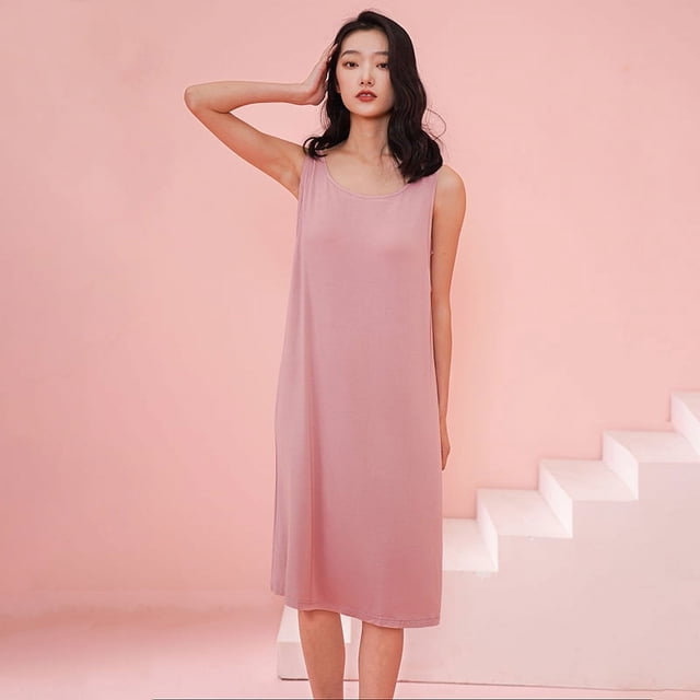 Camisón de verano para mujer, modal, con almohadilla para el pecho, sin mangas, con tirantes, falda larga por encima de la rodilla, pijama sexy de verano