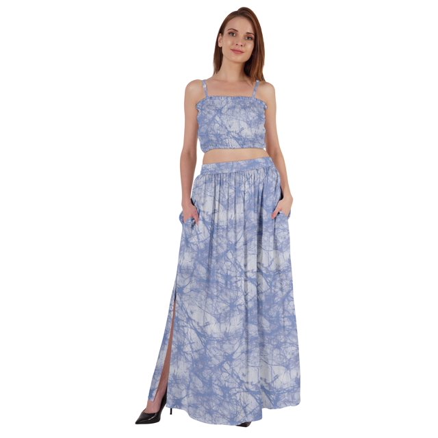 Bimba 2 Pcs Robe de Plage Sexy pour Femmes Imprimée Smockée Crop Top & Longue Jupe Ensemble