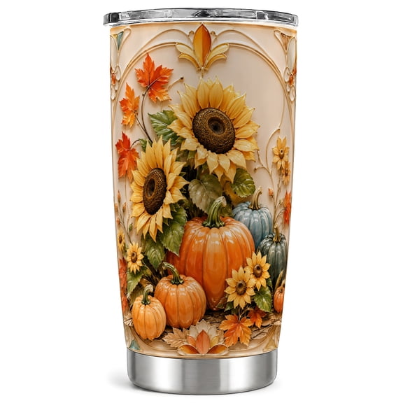 Pumpkin Sunflower Tumbler, Autumn Floral Tumbler 20 oz, Stainless Steel