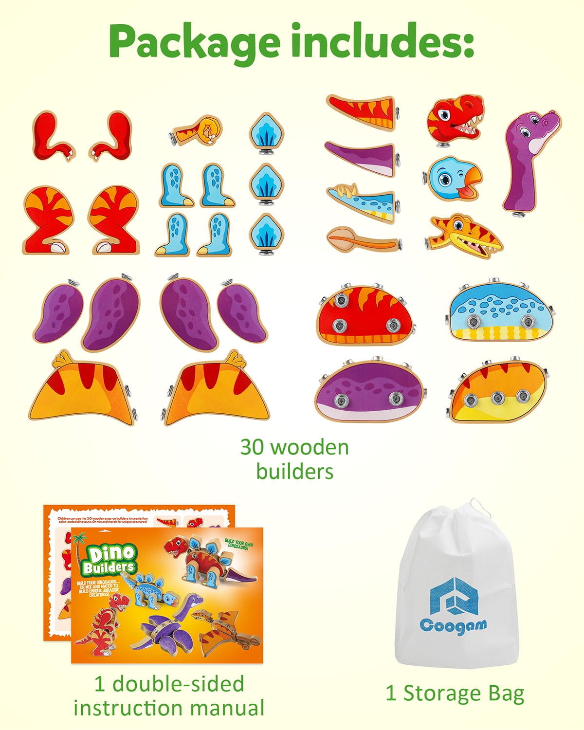 Coogam Dinosaur Building Block Set, Wooden Snap-Connection Dinosaur Builders, STEM Take Apart Dino Playset, Fine Motor Skill Educational Learning Toy for 3 4 5 Years Old