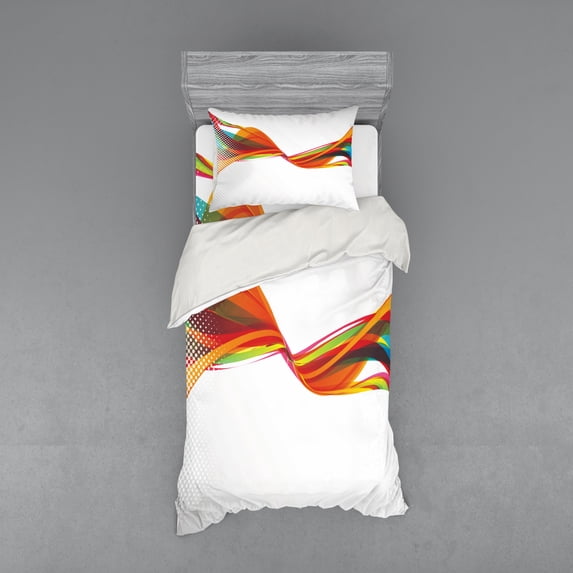 Abstract Duvet Cover Set, Rainbow Curved Wave Smoke Like Image with Pixel Style Detailed Work of Art Print, Bedding Set with Shams and Fitted Sheet, 3 Sizes, by Ambesonne