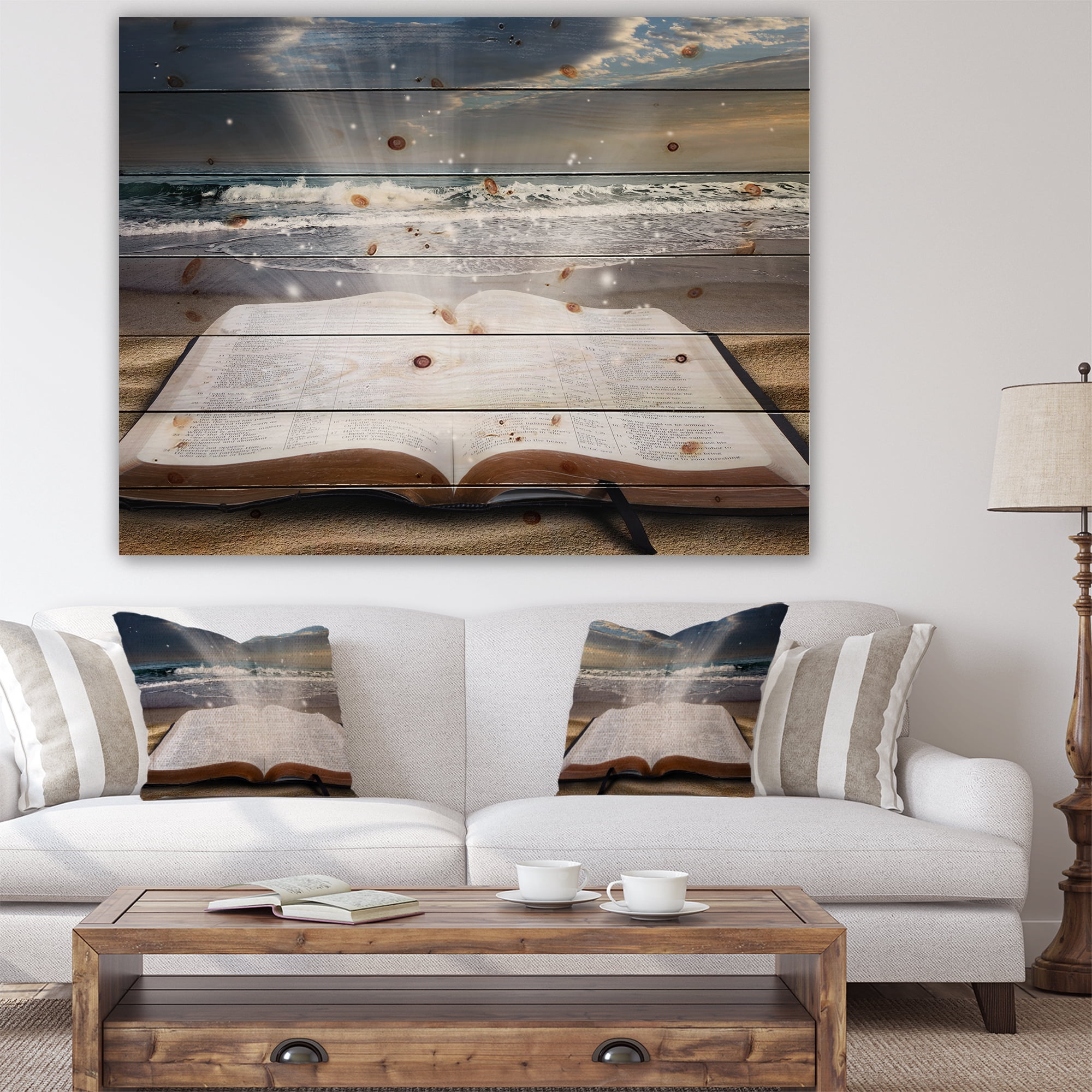 Designart 'Jesus Bible at beach' Religious Art Print on Natural Pine Wood