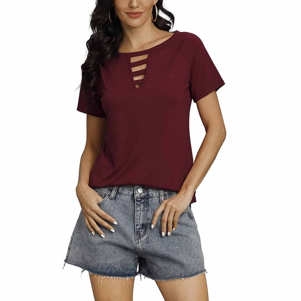 Pntutb Mujeres Cuello Redondo Color Sólido Manga Corta Casual Todo-Fósforo Pullover tops Pntutb Pntutb-4284