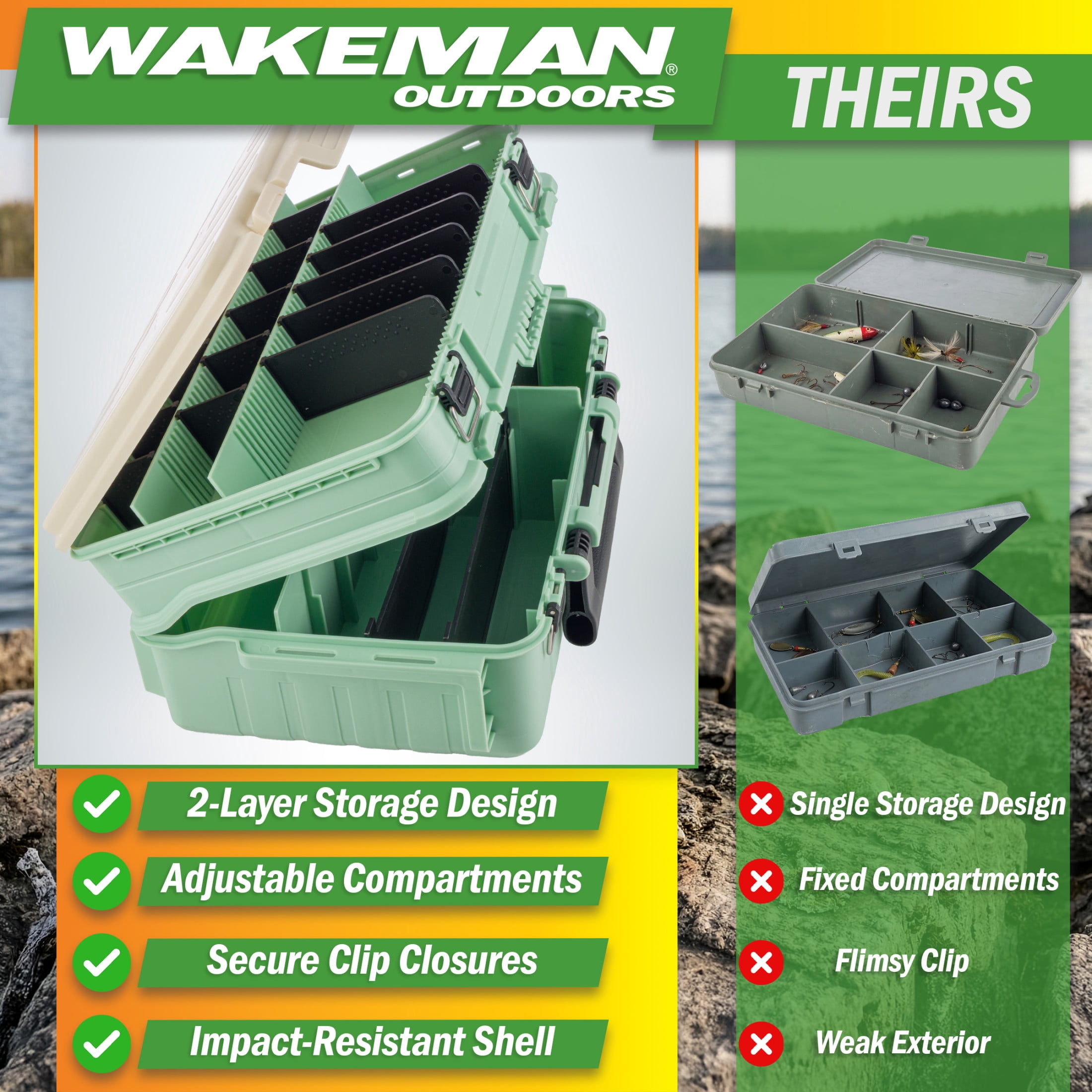 Wakeman Outdoors Fishing Tackle Box Organizer - 2 Layer Tacklebox Storage Box with Dividers, Green