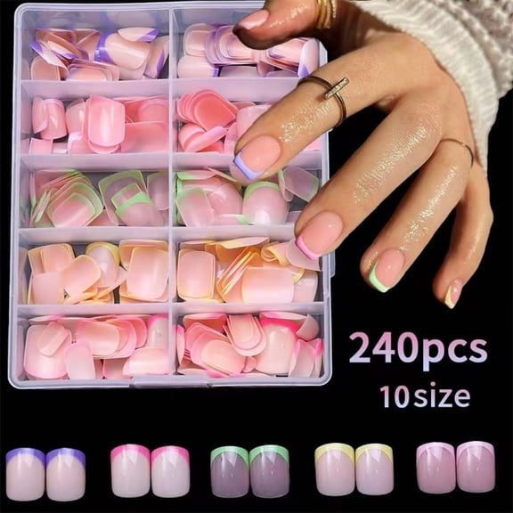 240Pcs French Press On Nails Square – Colorful Short Fake Nails, Reusable Stick On Nails for Women, Salon-Quality At-Home Manicure Kit, Glossy & Long-Lasting