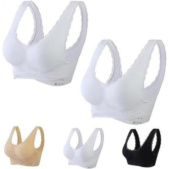 YWDJ Lounge Bras for Women Comfort 5 Pack Front Close Sleep Bras No Wires Comfy Bras Wide Strap Full Coverage Push up Cross Lounge Bras Padded Plus Size Lace Comfy Bras Wrap Comfortable Bras White M
