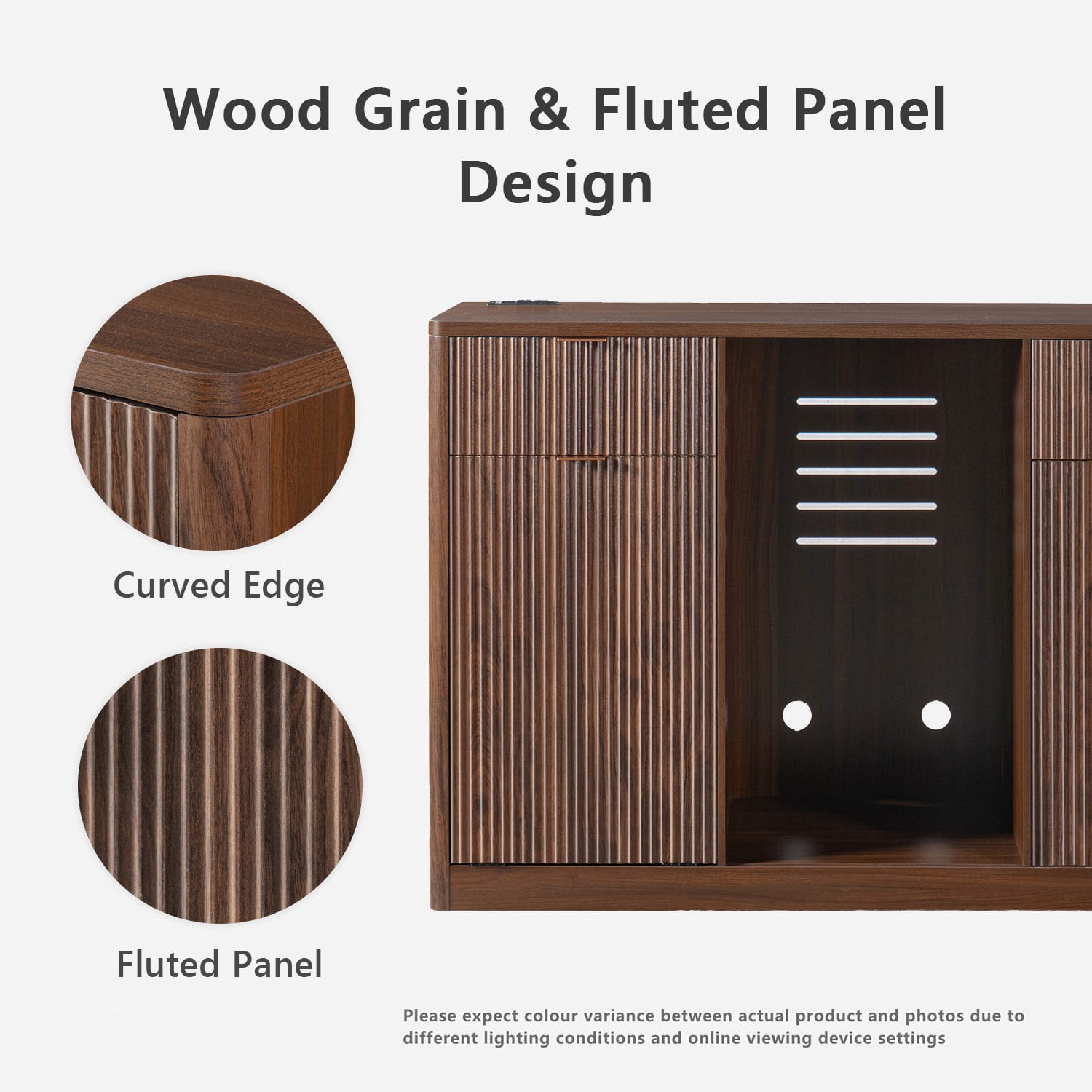 Mintazer 59" Fluted Coffee Bar Cabinet with Fridge Space & Tilt-Out Trash Cabinet, Sideboard with Charging Station and Wine Glass Holder & Adjustable Shelves for Kitchen Dining Living Room, Walnut