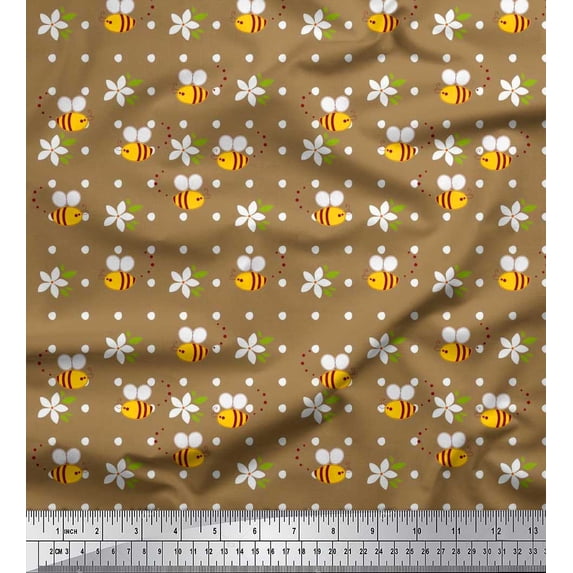 Soimoi Rayon Crepe Fabric Leaves,Floral & Honey Bee Clip Art Print Sewing Fabric Yard 46 Inch Wide