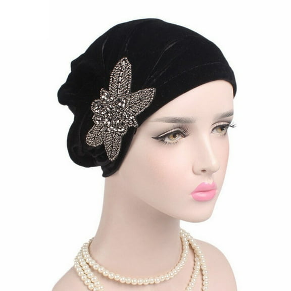 Fairnull Beads Flower Women Cancer Chemo Velvet Hat Muslim Beanie Turban Head Wrap Cap