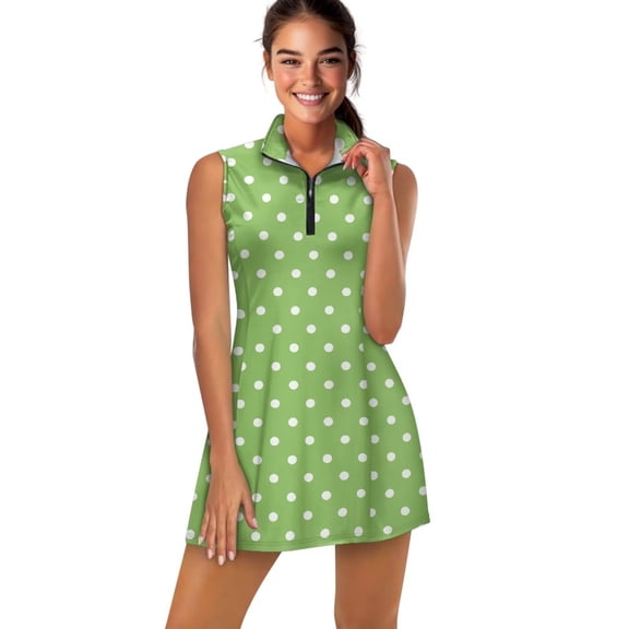Uorisanigo Green Polka Dots Workout Active Athletic Dresses with Shorts Dry-Fit 1/4 Zipper Womens Sleeveless Golf Tennis Dresses Fashion Daily Wear for Workout Exercise