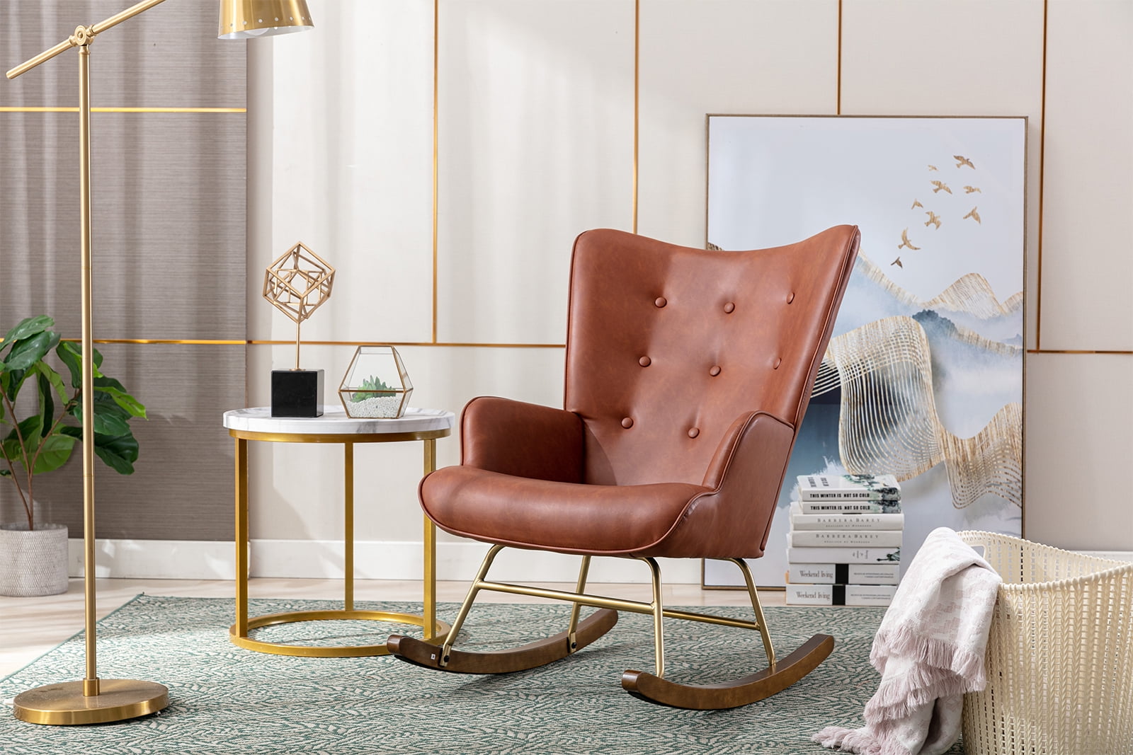 Guyou Modern Rocking Chair, Glider Nursery Chair with Tufted Wingback, Faux Leather Upholstered Accent Armchair for Living Room Bedroom Nursery, Brown