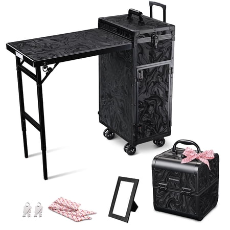 Byootique Rolling Nail Table & Makeup Case Kit Cosmetic Organizer Aluminum Black