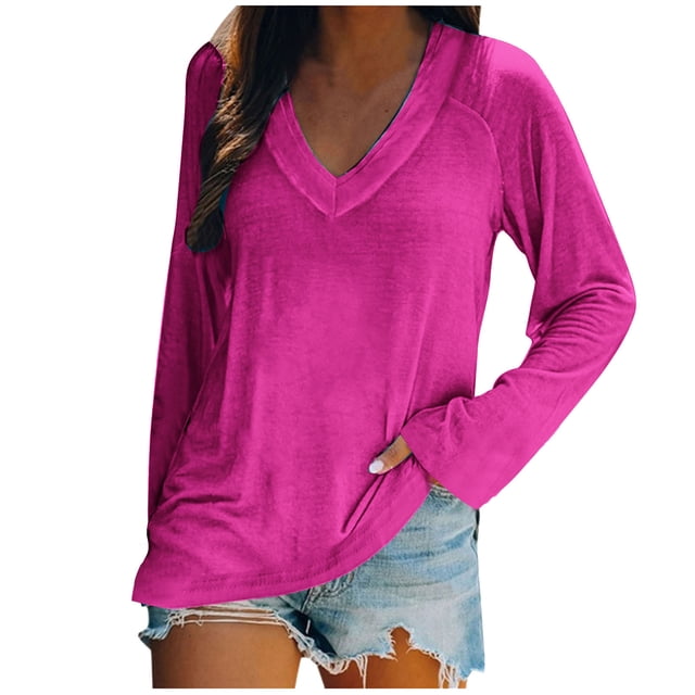 KIHOUT Spring Winter Womens Tops Fashion Casual Long Sleeve V-Neck Solid Color Ladies Tops Blouse