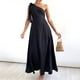 thumbnail image 2 of Gibobby Vestido largo para mujer, de verano Vestido para mujer Casual Un hombro Color sólido Manga corta Vestido con botones Vestido informal(Negro,XL), 2 of 5