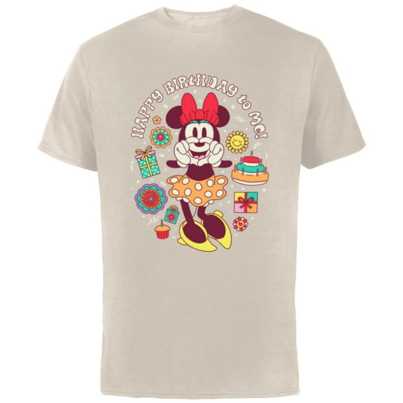 Disney Minnie Mouse Happy Birthday To Me Finger Heart Retro - Short Sleeve Cotton T-Shirt for Adults - Customized-Natural