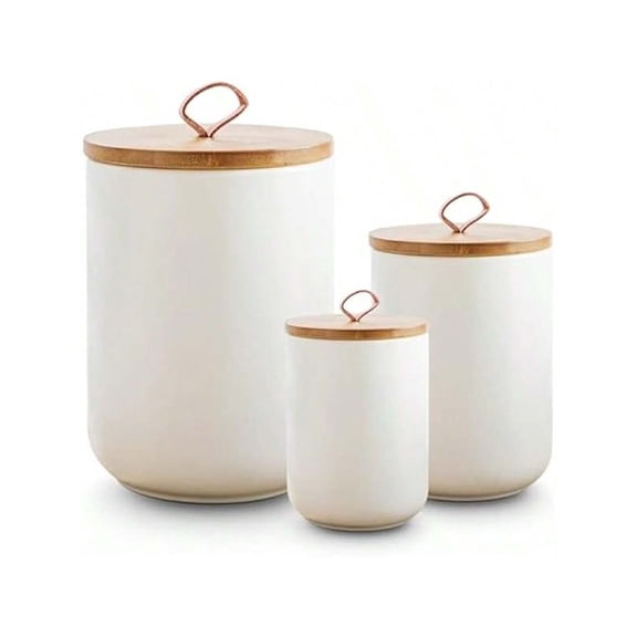 Kitchen Canister Set of 3, Ceramic Food Storage Containers with Airtight Wooden Lids, Large Flour and Sugar Canisters for Countertop Organization, Pantry Jars for Coffee, Tea, Cereal
