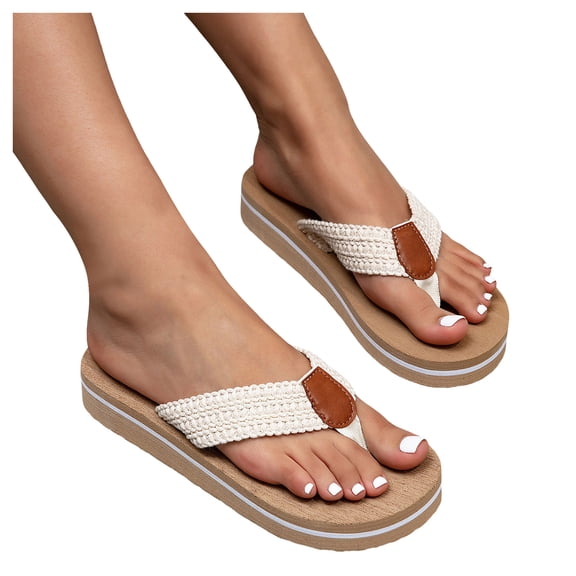 Rokment Beach Platform Flip Flops for Women 2026 Bohemian Woven Memory Foam Cushion Chunky Flat Dress Slip on Sandals Yoga Mat Comfortable Walking Thongs Slides Slippers Beige Size 6