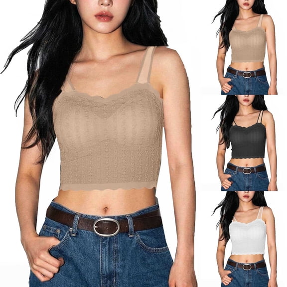Women's Summer Lace Trim Spaghetti Strap Crop Cami Top with Built‑in Bra Scoop Neck Solid Color Sleeveless Slim Fit Casual Camisole Beige Free Size