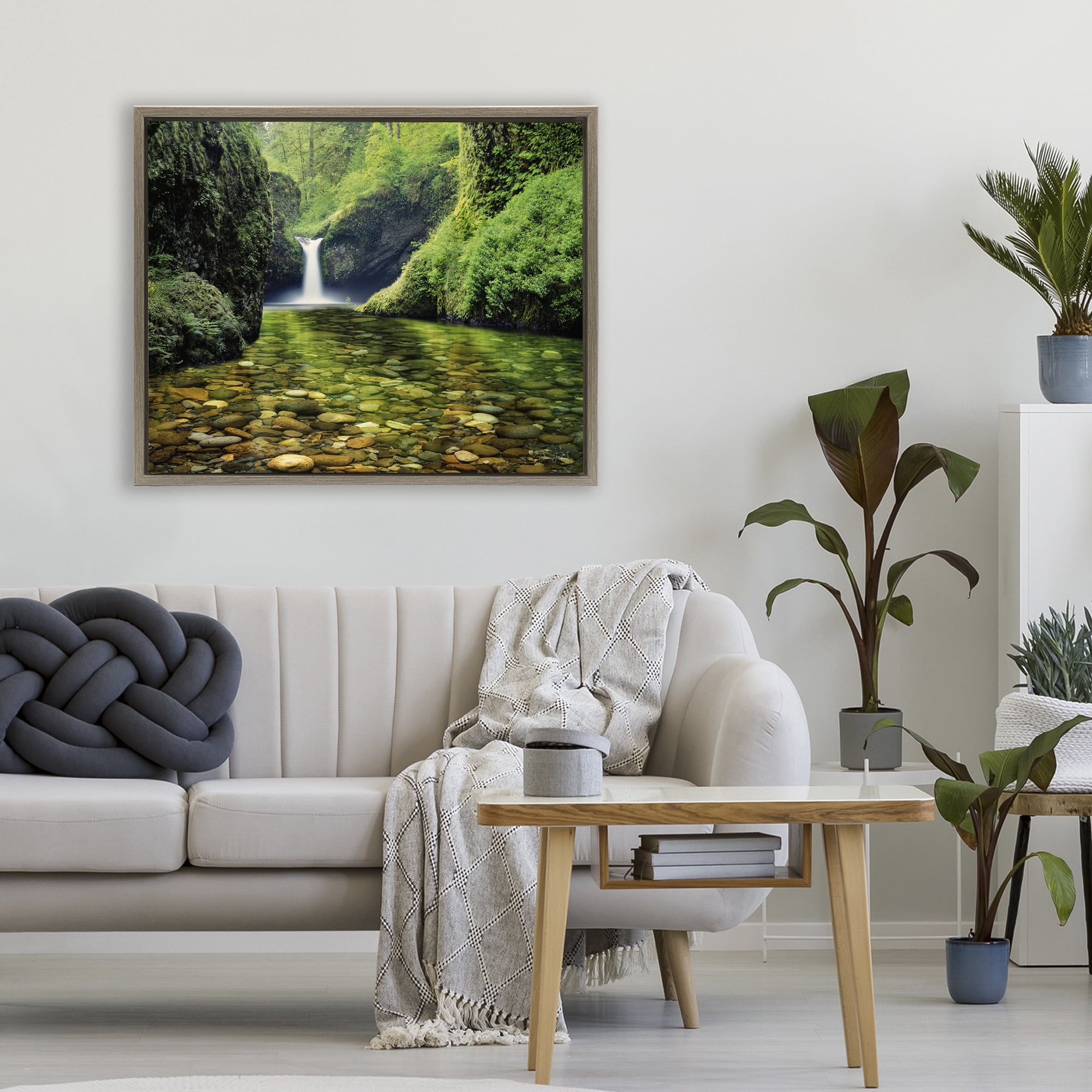 Stupell Industries Punchbowl Falls in Emerald Forest Brown Framed Floater Canvas Wall Art, design by Dennis Frates