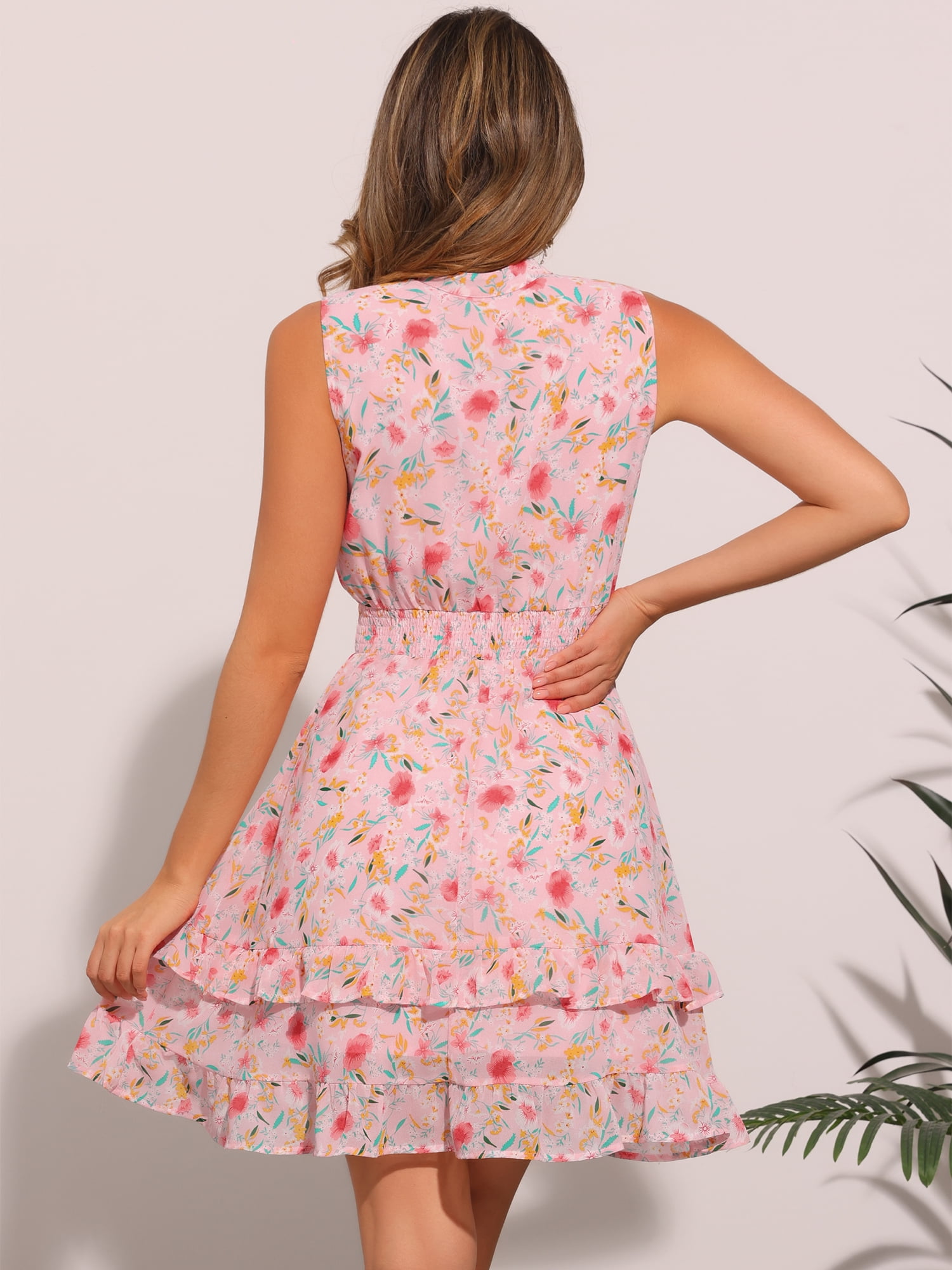 DARING DIVA Floral Chiffon Smocked Waist Ruffled Dress L Pink Flower