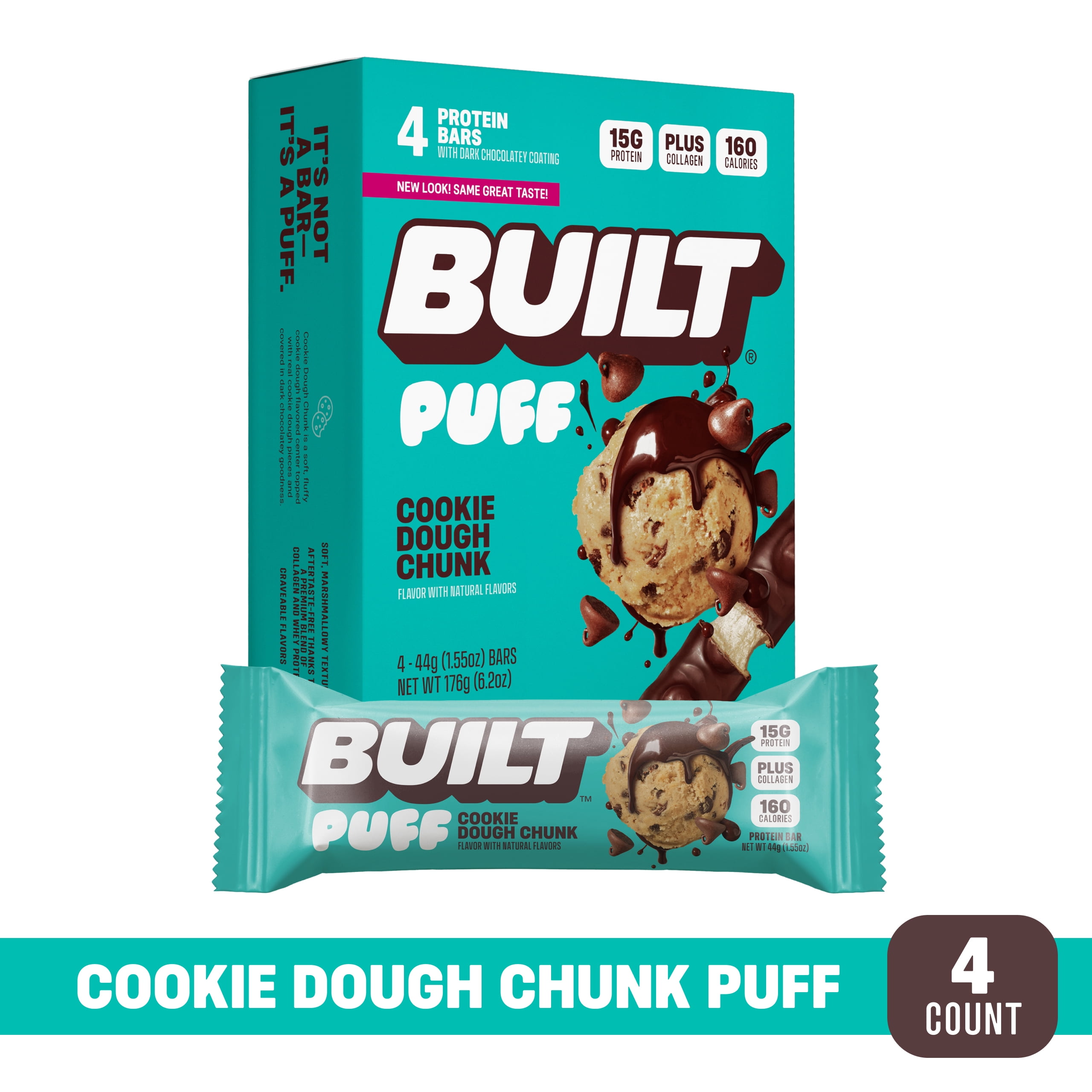 BUILT Puff Protein Bar, Cookie Dough Chunk, 15g Protein, Collagen, 160 Calories, 4 Count Box, 1.55 oz Bars