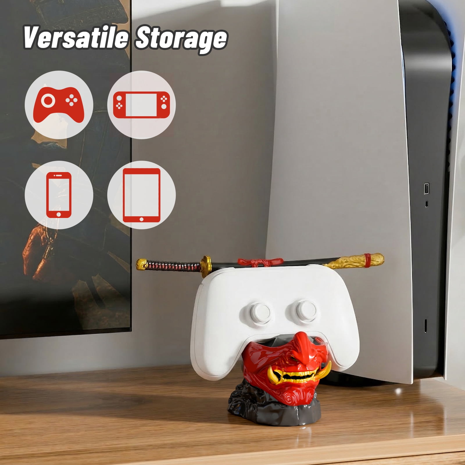 NiHome Samurai Warrior Mask Gaming Controller Holder Stand for PS5 Xbox Switch & Headsets, Handcrafted Resin Sculpture Desktop Display Organizer for Gamers, Multi-Device Charging Dock for Smartphones