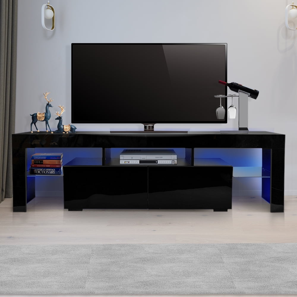 TV Stand with LED Lights, 2 Drawers and Open Shelves, High Gloss