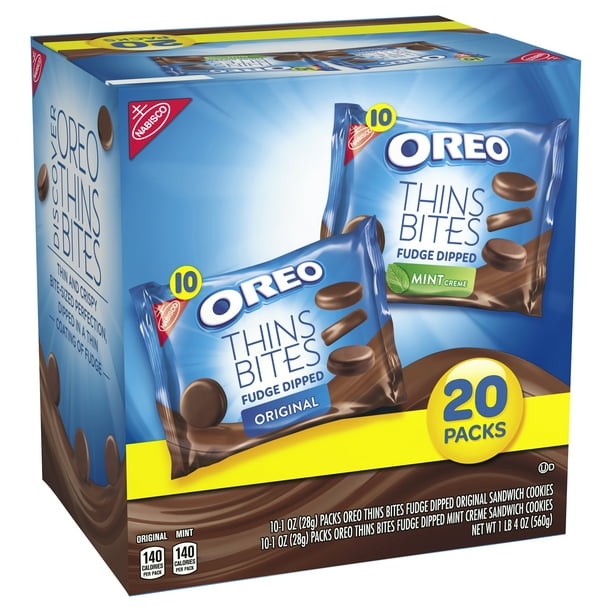 OREO Thins Bites Fudge Dipped Original & Mint Flavored Creme Sandwich Cookies, 20 1 oz Snack