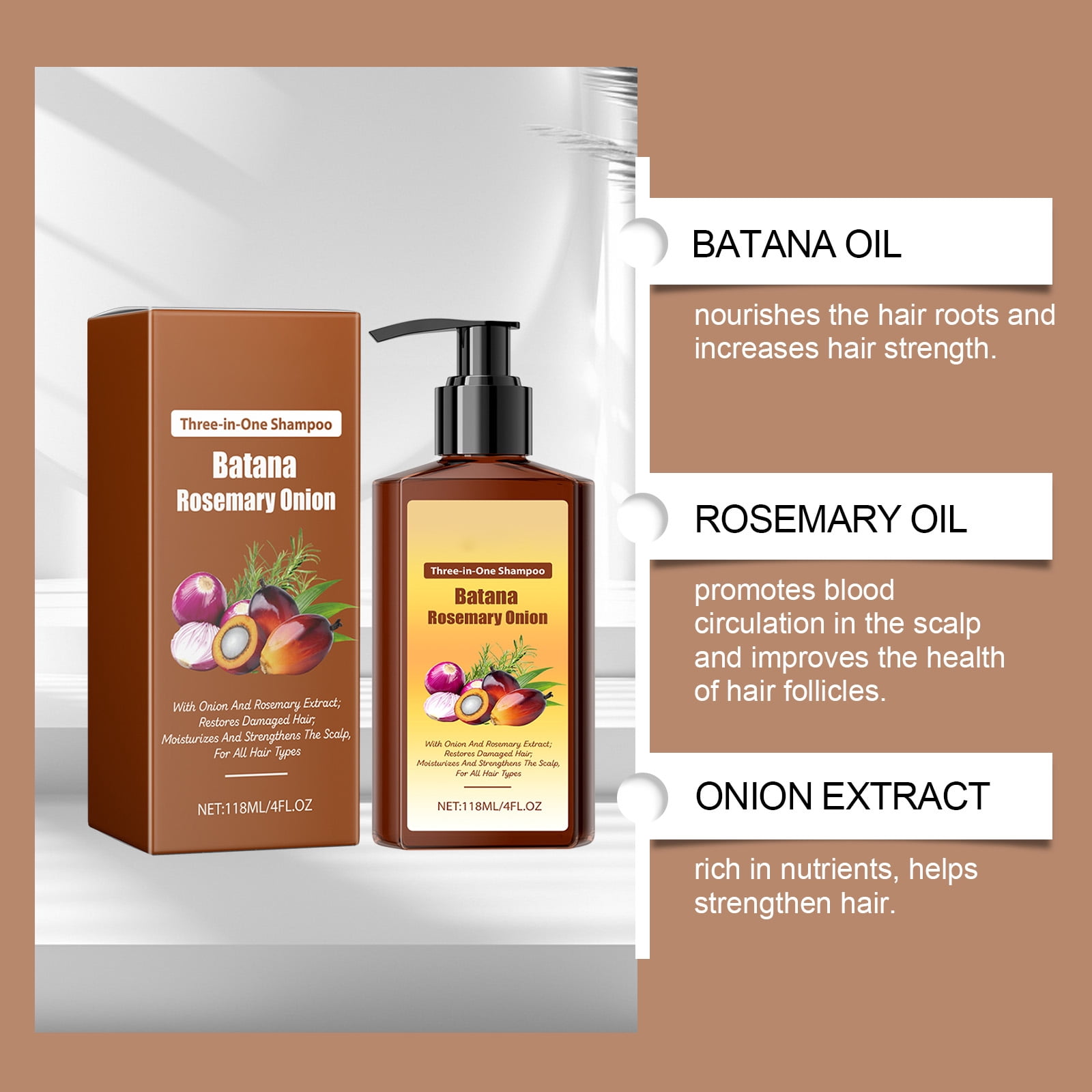 Alvantor Batana Oil Shampoo with Rosemary Onion, Moisturizing & Strengthening Hair Care for All Hair Types, 4fl.oz
