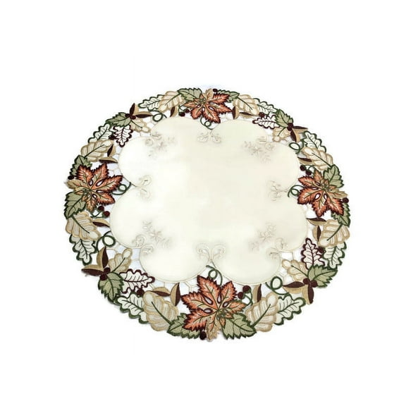 Doily Boutique Round Doily with Fall Maple Leaves on Ivory Fabric Size 23 inches