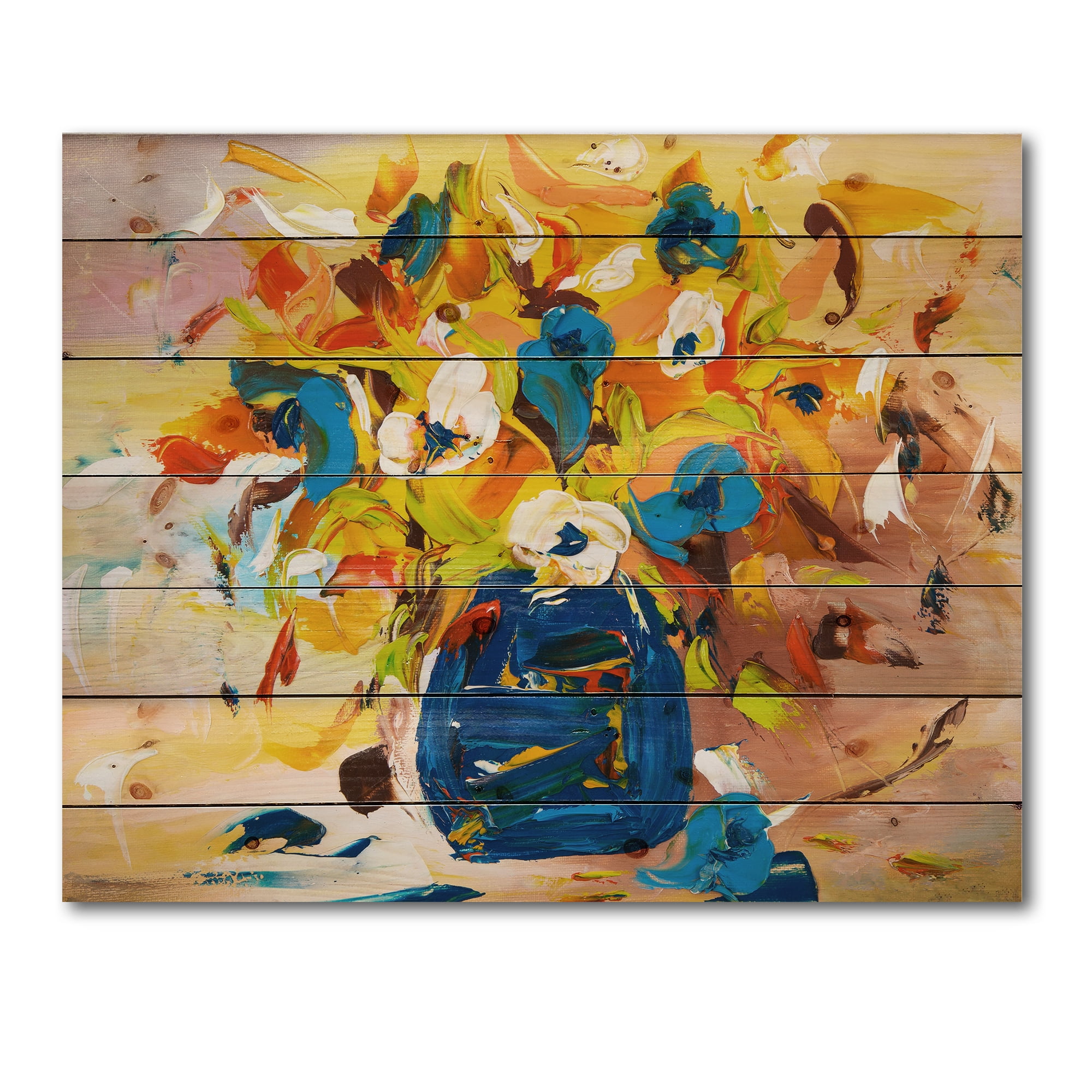 Designart 'A VIbrant Flower Bouquet In Blue and Yellow' Traditional Print on Natural Pine Wood