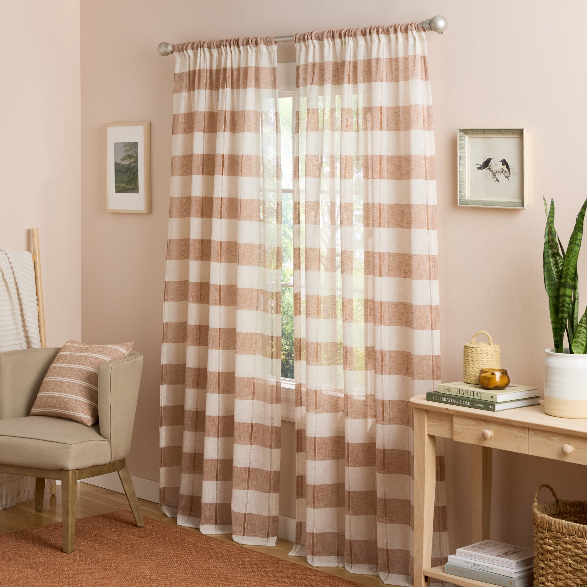 TOWN & COUNTRY BASICS Pax Semi-Sheer Stripe, Light Filtering Indoor Curtains 2-Pack Rust/Linen, 50"x96"