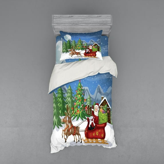 Ambesonne Christmas Bedding Set 3 Pcs, Snowdrift Reindeers, Twin, Multicolor