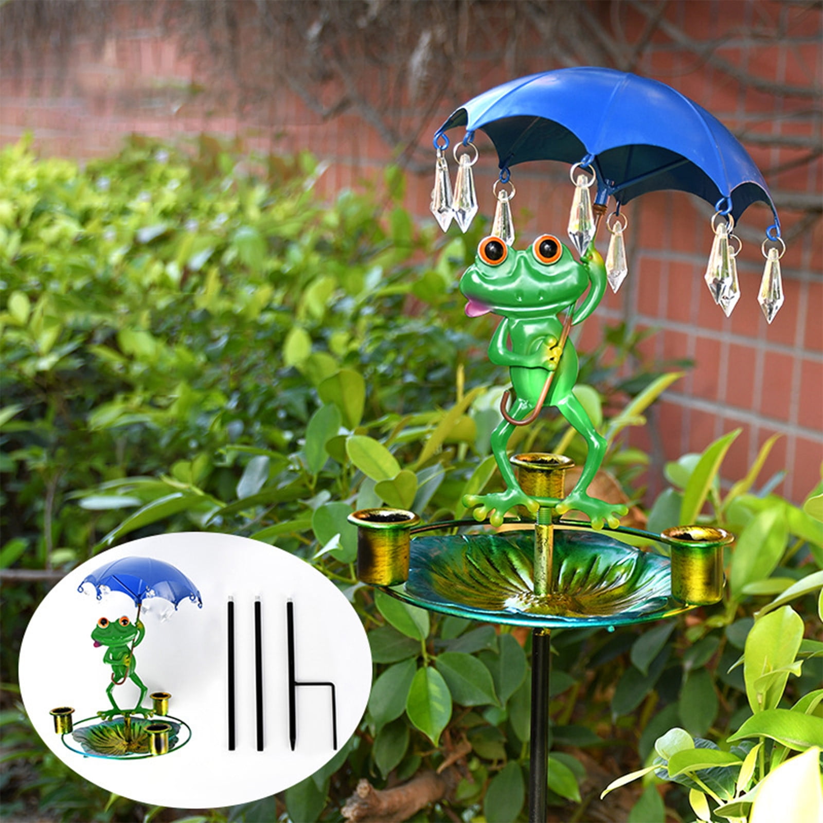 CSSAD Bird Bath Garden Standing, 33in Iron Frog Umbrella Bird Feeder, Outdoor Bird Bath with Ground Plug, Frog Bird Bath Large for Wild Birds and Insects