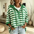 thumbnail image 5 of Yuaguia Women's Striped Hooded Sweatshirt, Button Front Knit Pullover Sweater, 3/4 Sleeve Casual Top, Lightweight Drawstring Clothes for Everyday Office Wear, Green S, 5 of 6