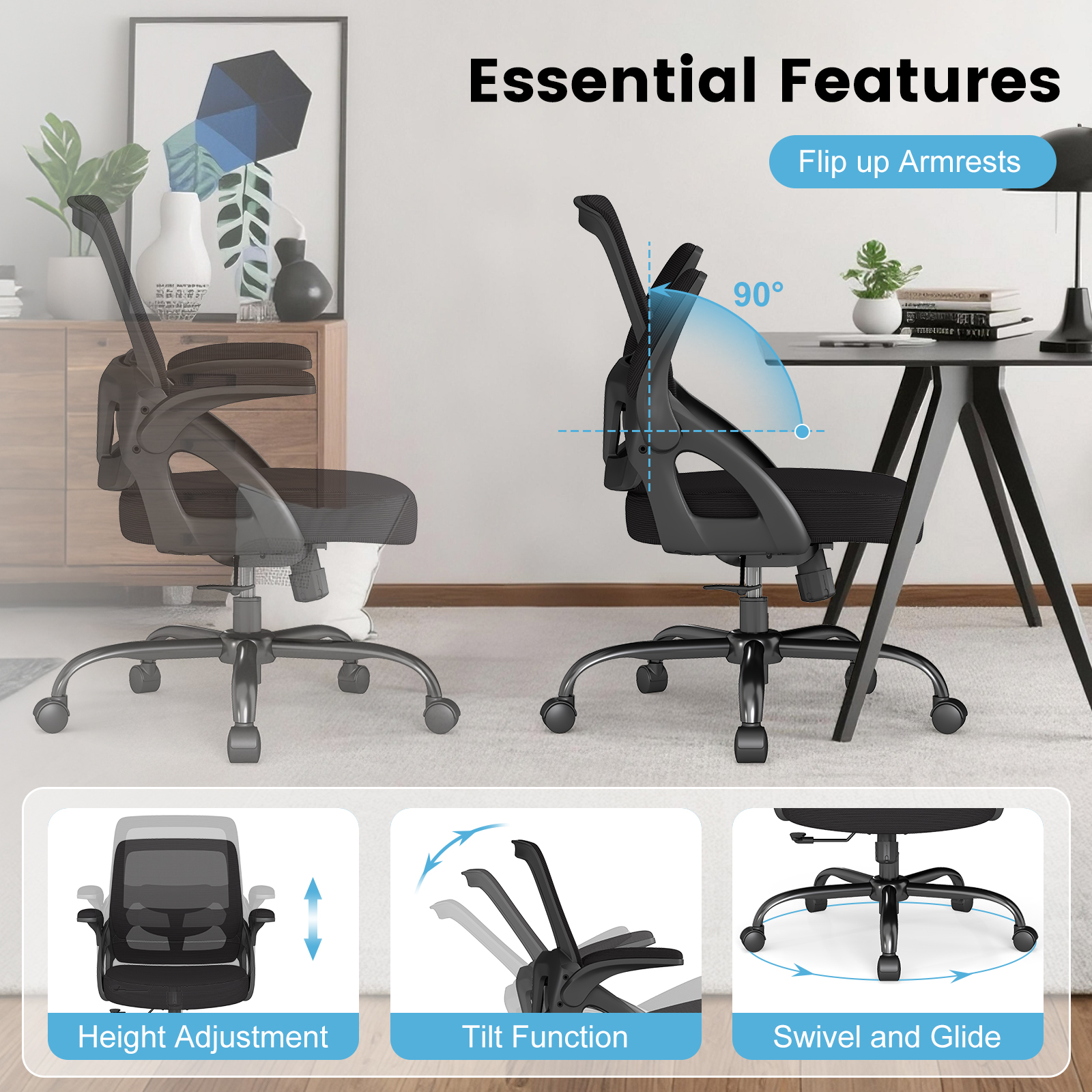 YERAIRR Big Mesh Office Chair 450LB, Ergonomic  Executive Desk Chairs Widen Seat  Lumbar Support  Flip up Armrest  Black