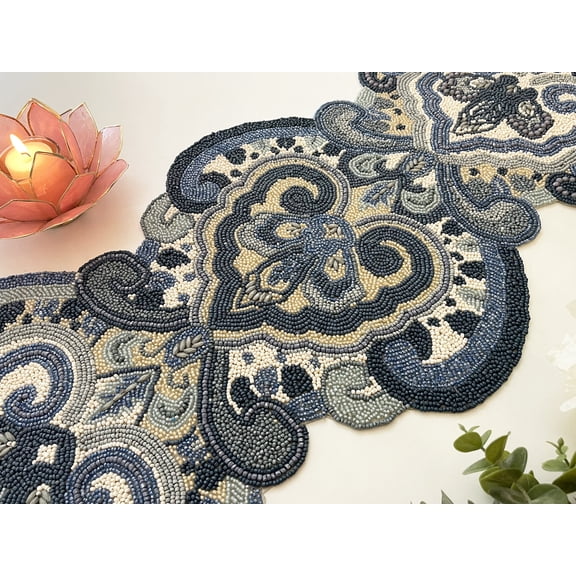 Handmade luxury table runner, blue grey centerpiece, 13x36inch