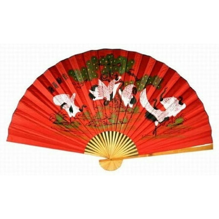 "Classic 35"" Oriental Feng Shui Wall Fan-Cranes (Red)"