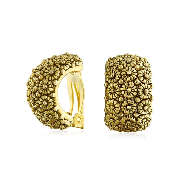 Bling Jewelry Womens Sunflower Wide Half Hoop Clip-On Earrings Non-Pierced Gold Plated