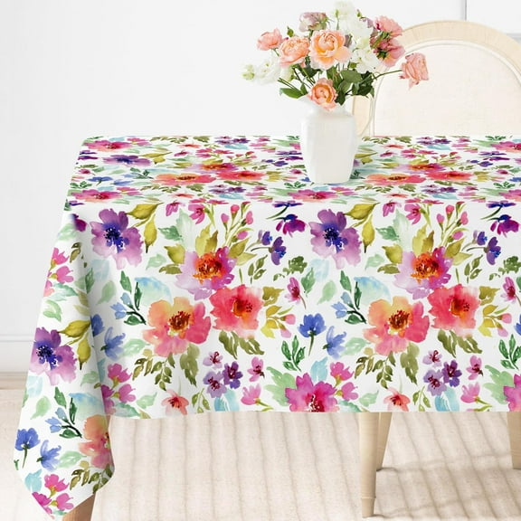 Floral Tablecloth Watercolor Flower Fabric Table Cloth Colorful Table Cover for Spring Picnic Home Kitchen Dining Table, 60 x 104 Inch